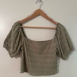 Forever 21 Green Puff Sleeve Smocked Crop Blouse